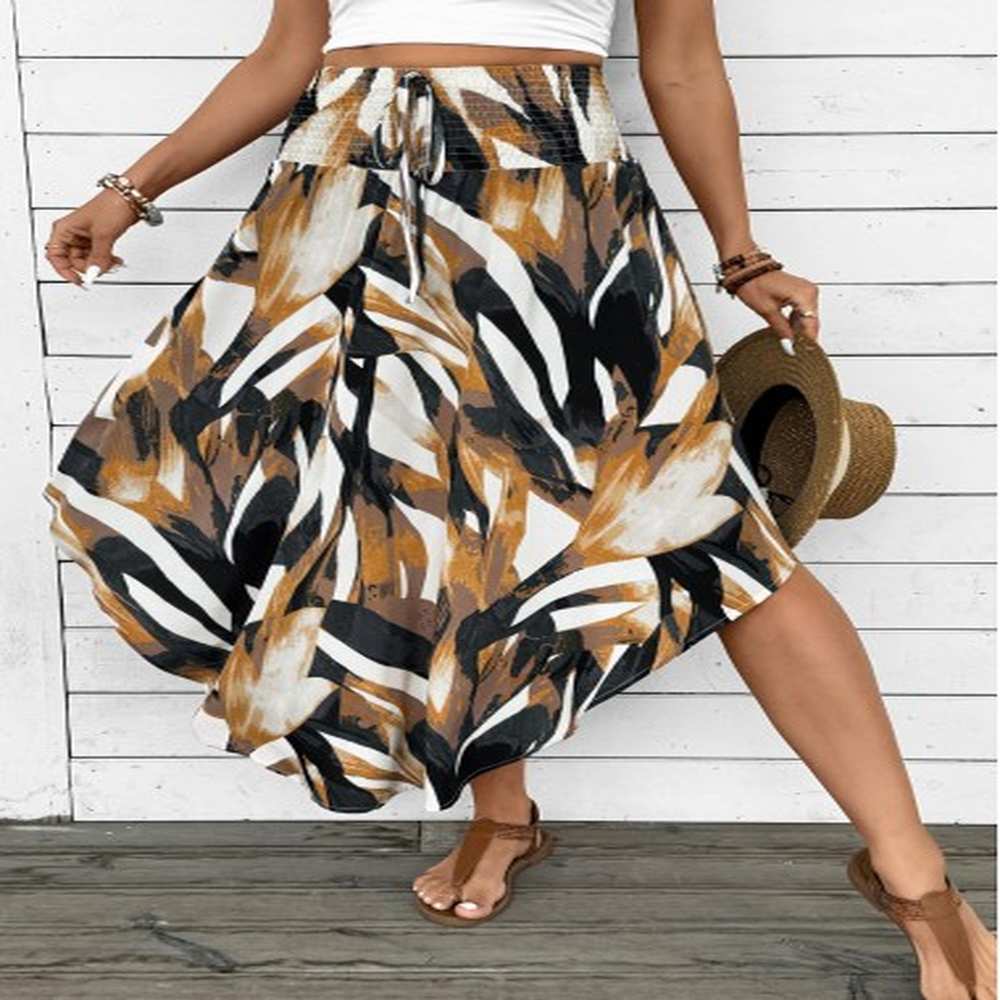 modlily dark camel bohemian print a line elastic waist skirt