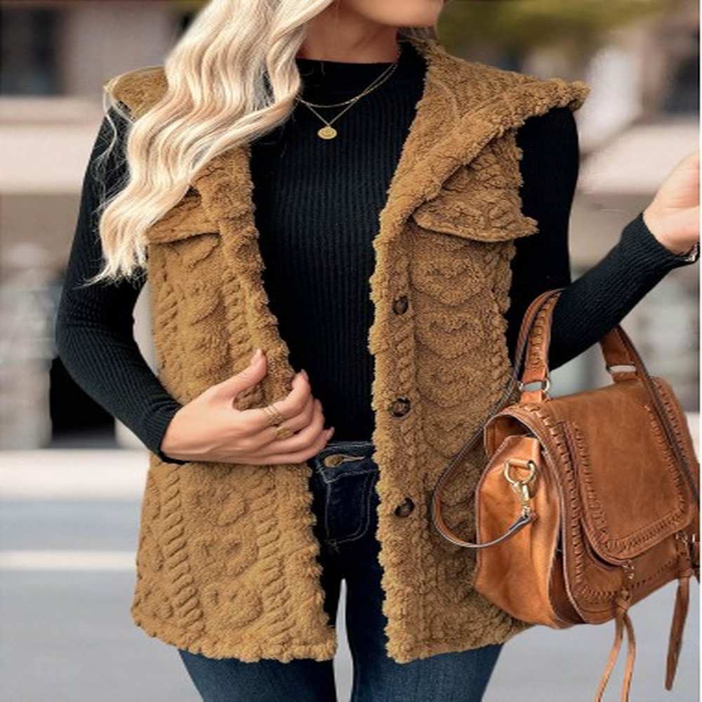 modlily dark camel button sleeveless hooded waistcoat l