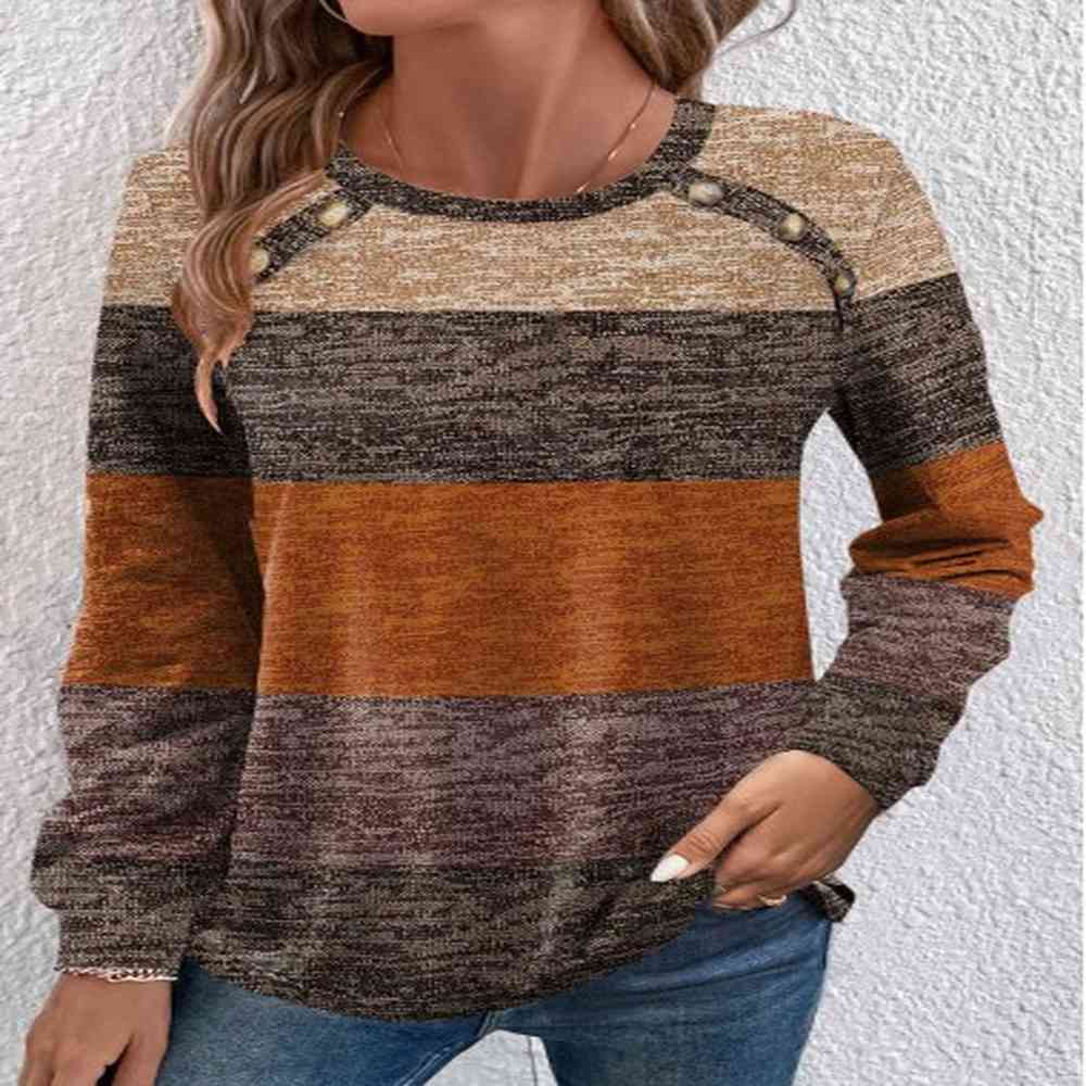 modlily dark camel button striped long sleeve t shirt