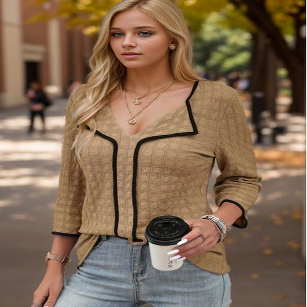 modlily dark camel contrast binding patchwork blouse s