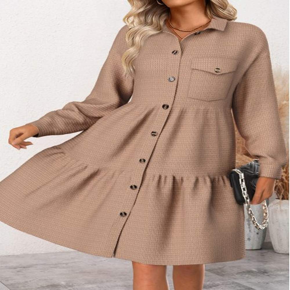 modlily dark camel patchwork long sleeve shirt collar dress
