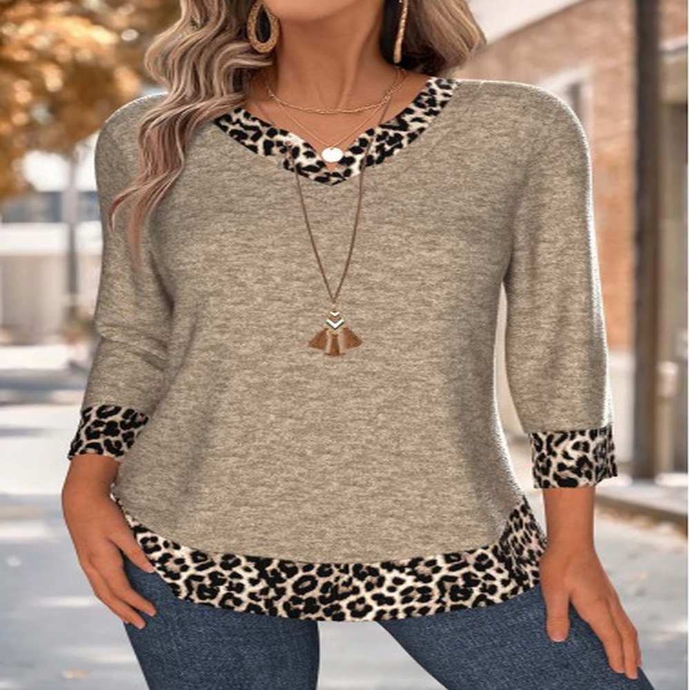 modlily dark camel tummy coverage leopard sleeve t shirt