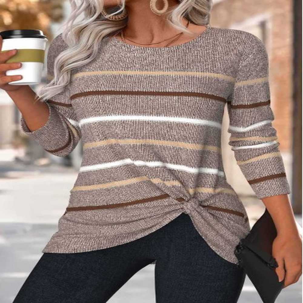 modlily dark camel tummy coverage multi stripe print t shirt