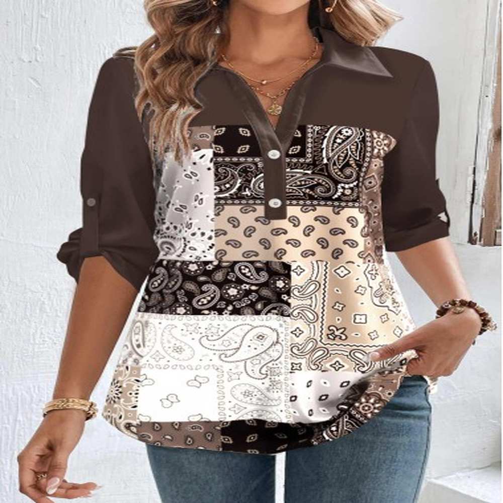 modlily dark coffee button tribal print long sleeve blouse