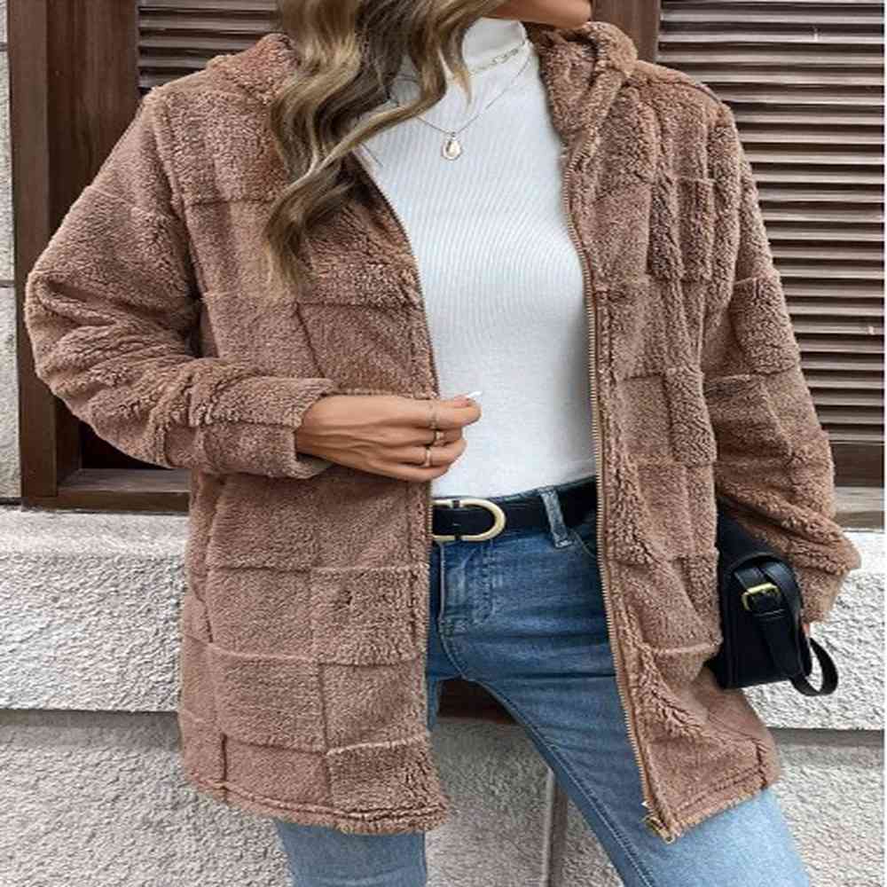 modlily dark coffee double side pockets long sleeve hooded coat