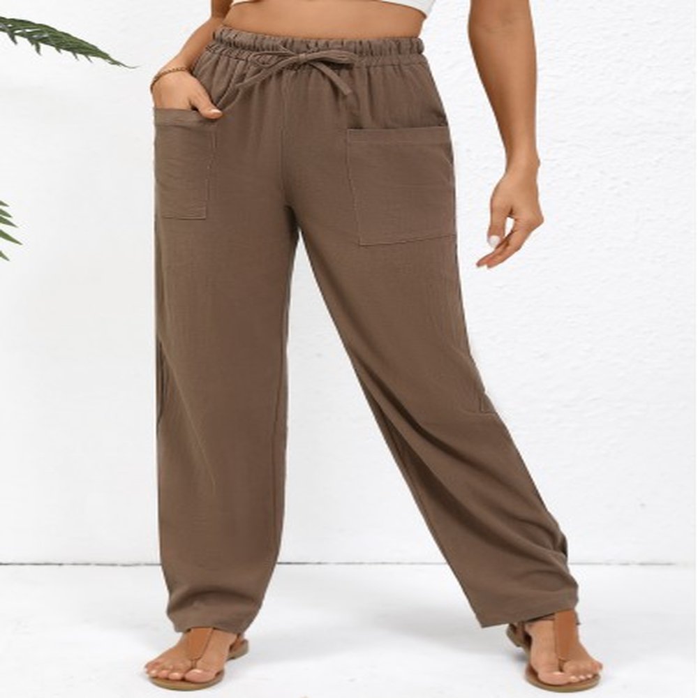 modlily dark coffee drawstring straight leg elastic waist pants