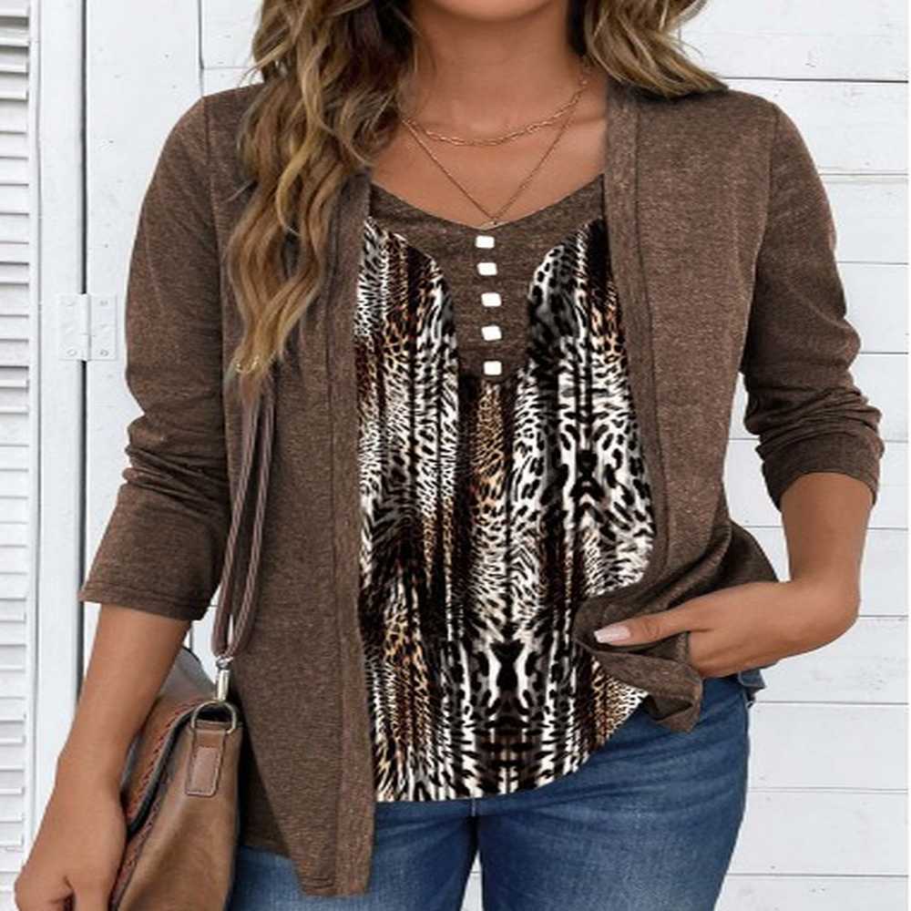 modlily dark coffee fake in leopard long sleeve t shirt