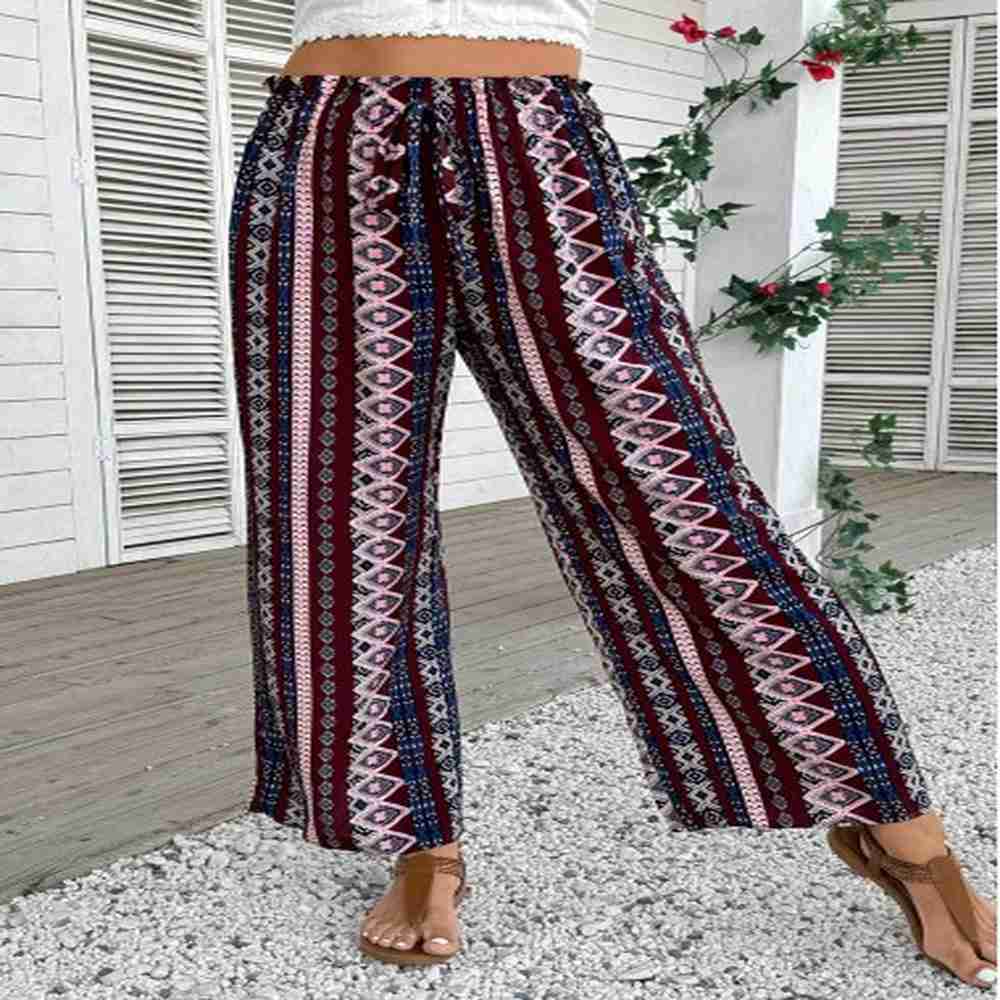 modlily dark coffee geometric print wide leg elastic waist pants