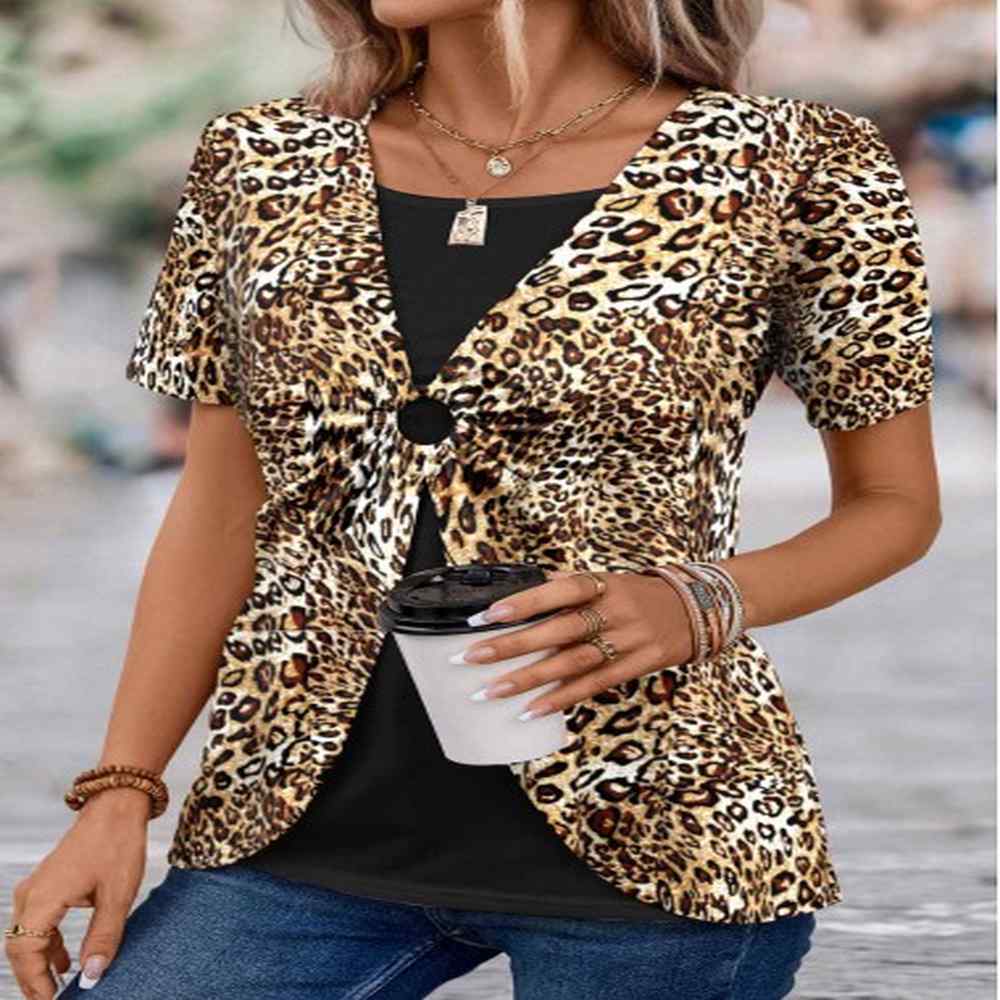modlily dark coffee leopard short sleeve fake two piece twinset