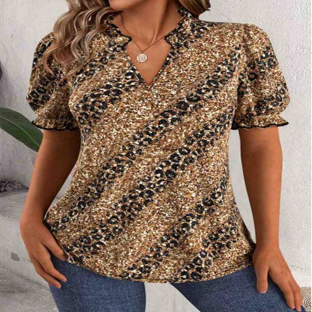 modlily dark coffee leopard short sleeve split neck blouse