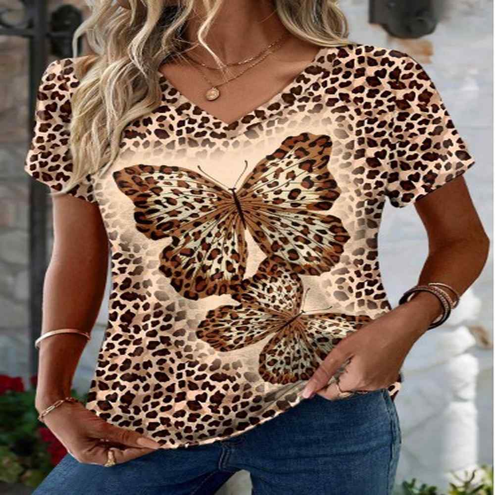 modlily dark coffee leopard short sleeve v neck t shirt