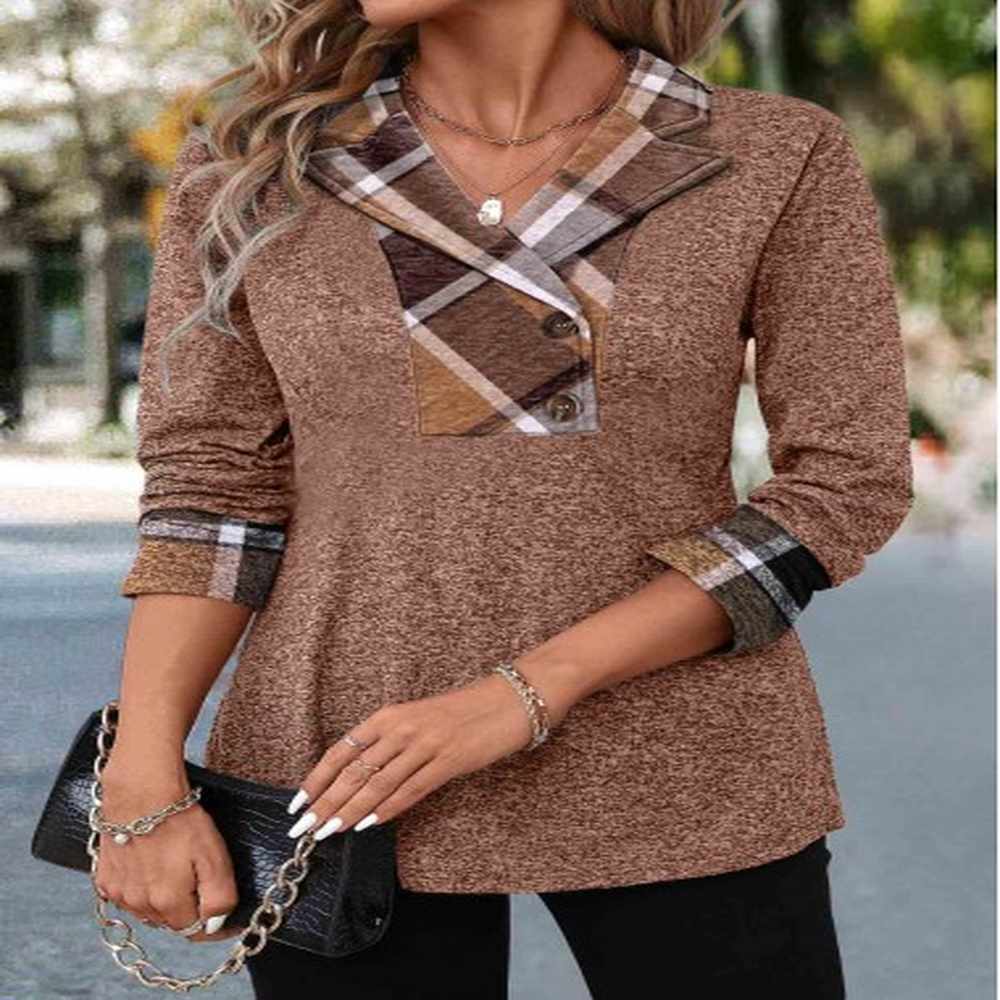 modlily dark coffee patchwork plaid long sleeve blouse xl