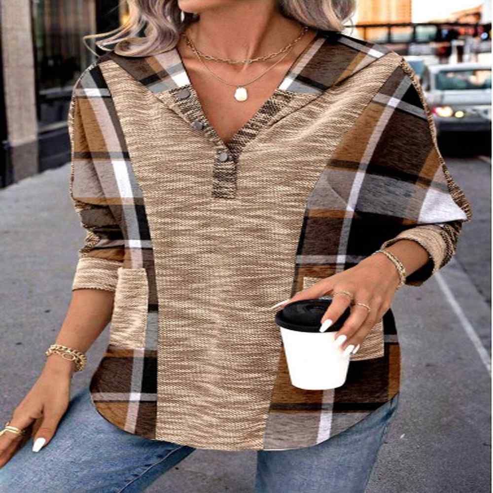 modlily dark coffee patchwork plaid long sleeve hoodie l