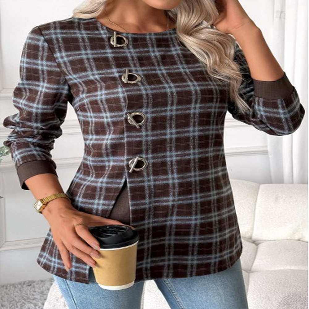 modlily dark coffee tummy coverage plaid long sleeve blouse