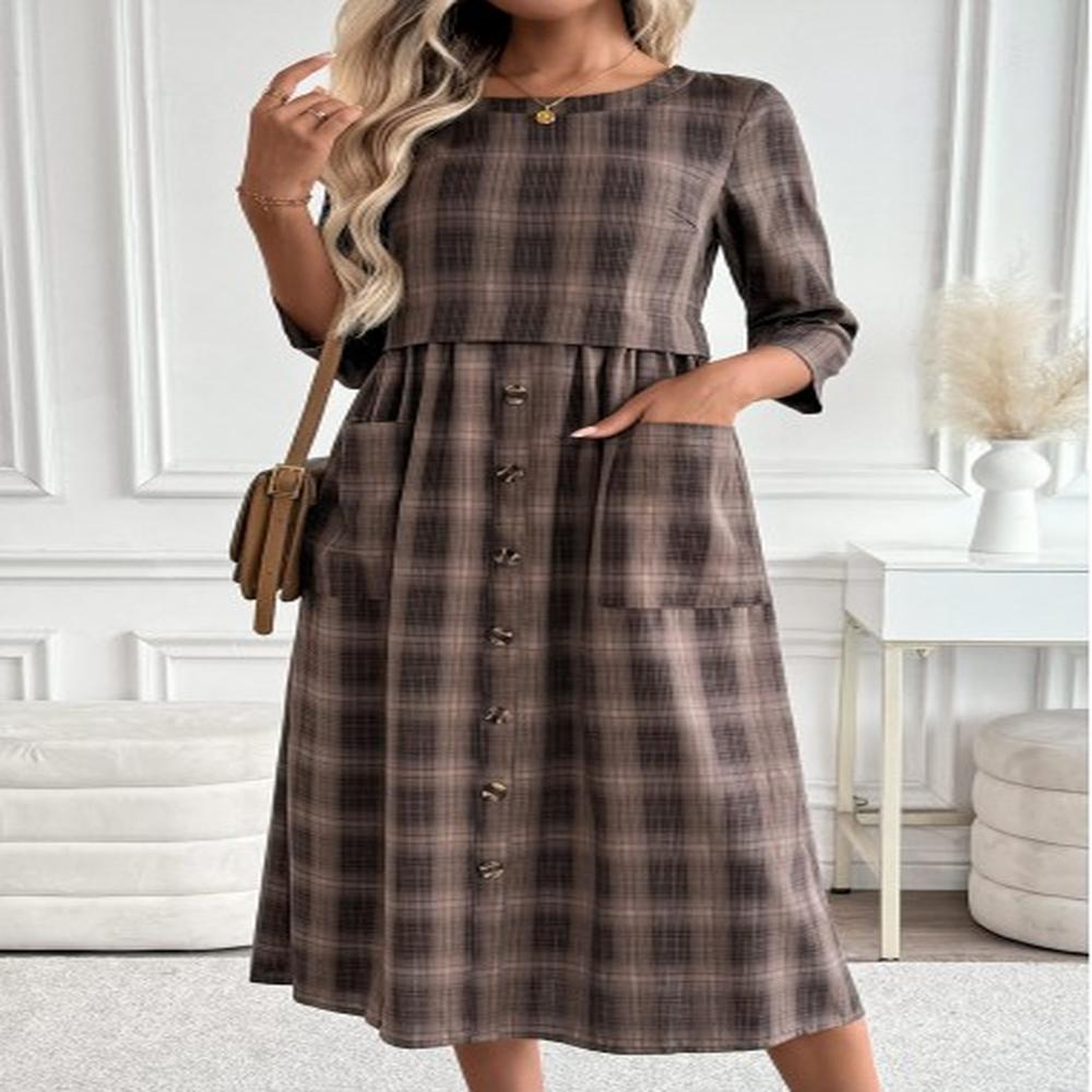 modlily dark coffee tummy coverage plaid sleeve dress