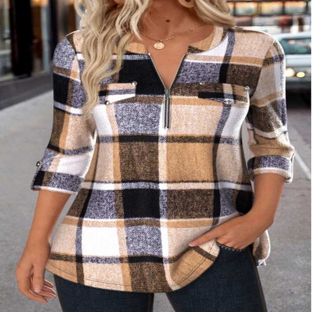 modlily dark coffee zipper plaid long sleeve round neck shirt