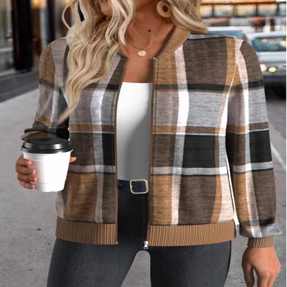 modlily dark coffee zipper plaid long sleeve stand collar jacket
