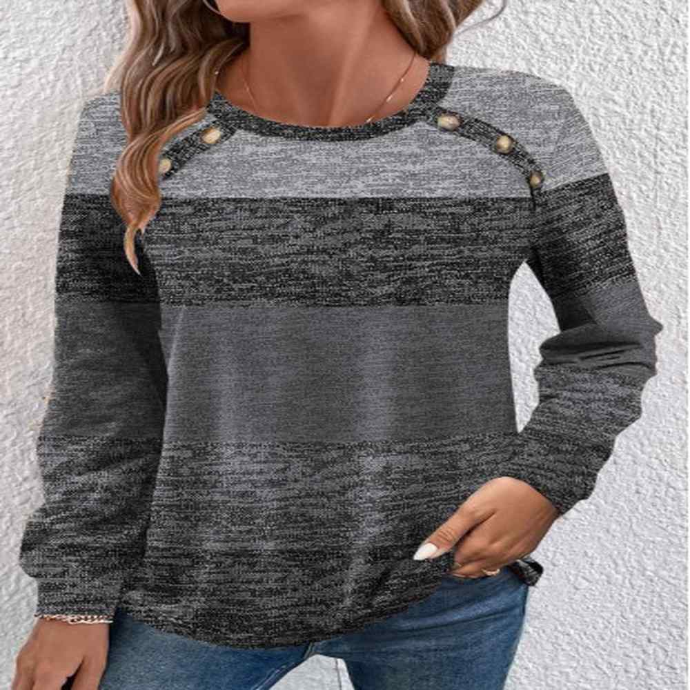 modlily dark grey button long sleeve round neck t shirt