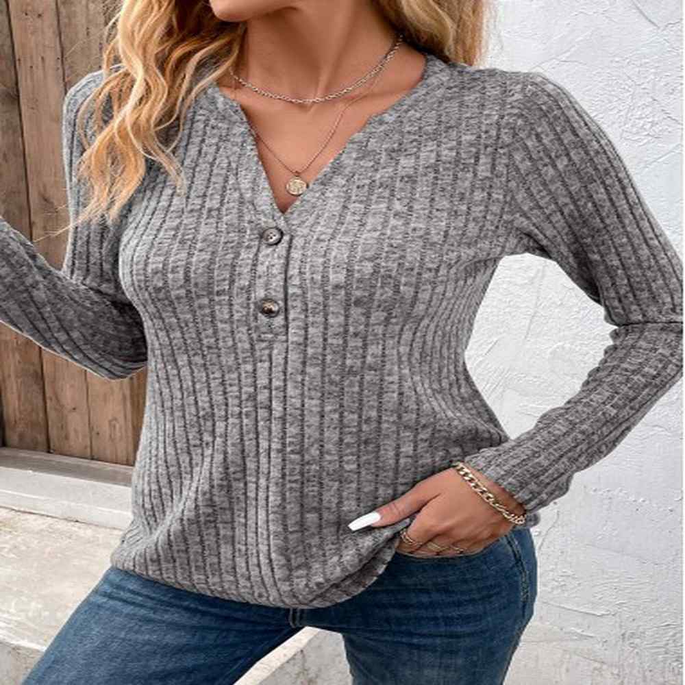 modlily dark grey button long sleeve split neck t shirt