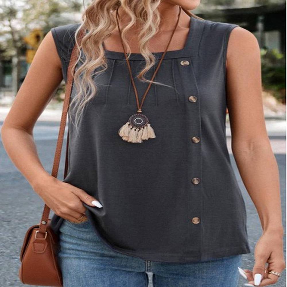 modlily dark grey button sleeveless square neck tank top