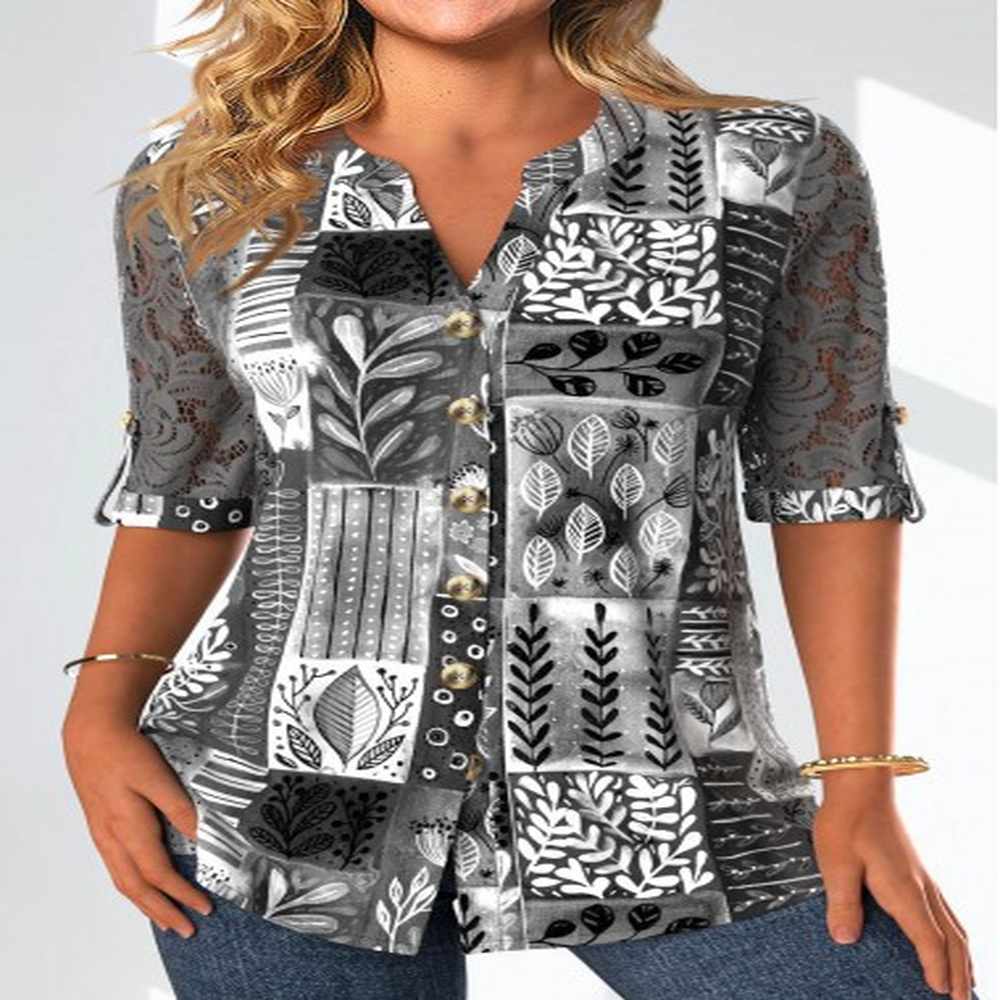 modlily dark grey lace leaf print blouse l