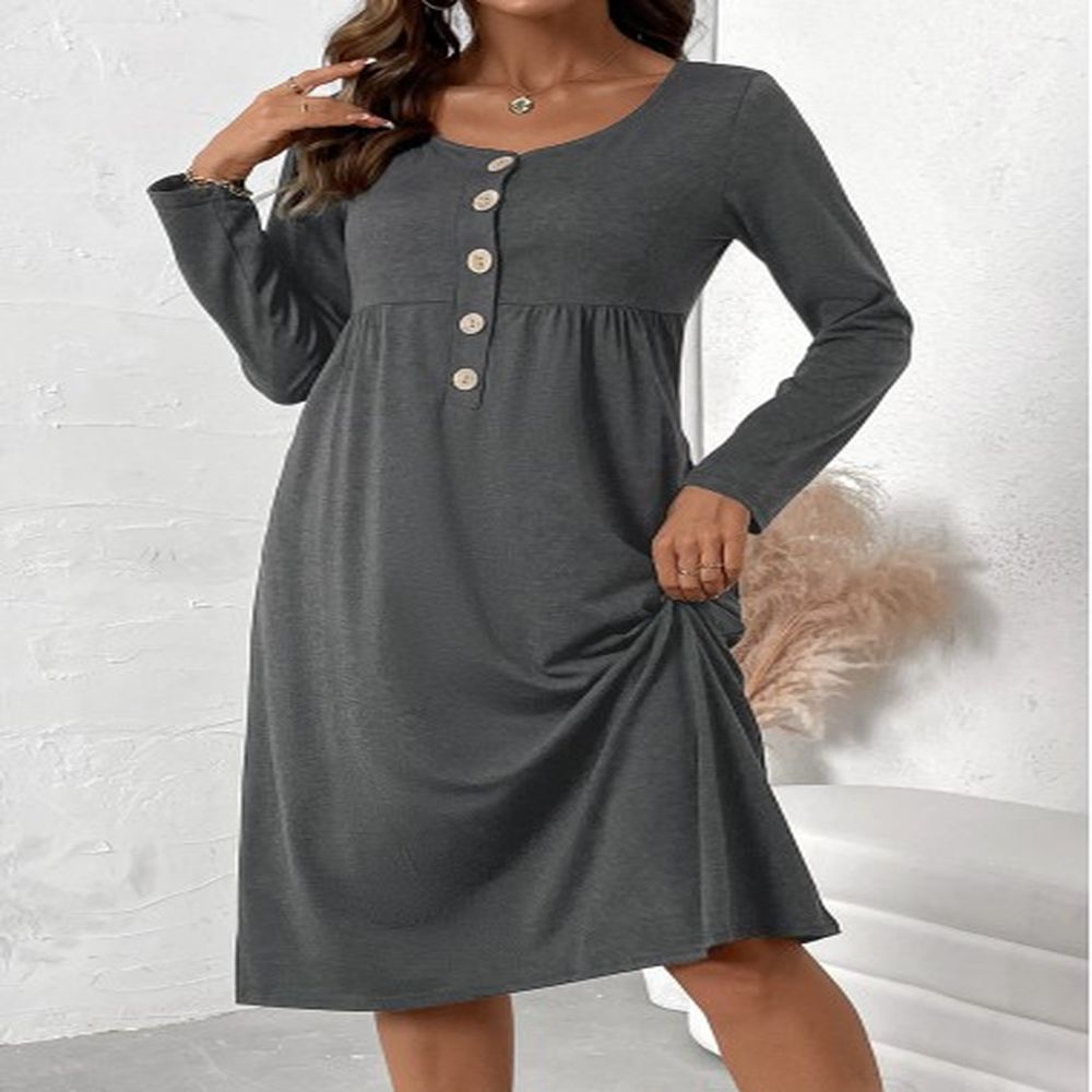 modlily dark grey marl button long sleeve scoop neck dress