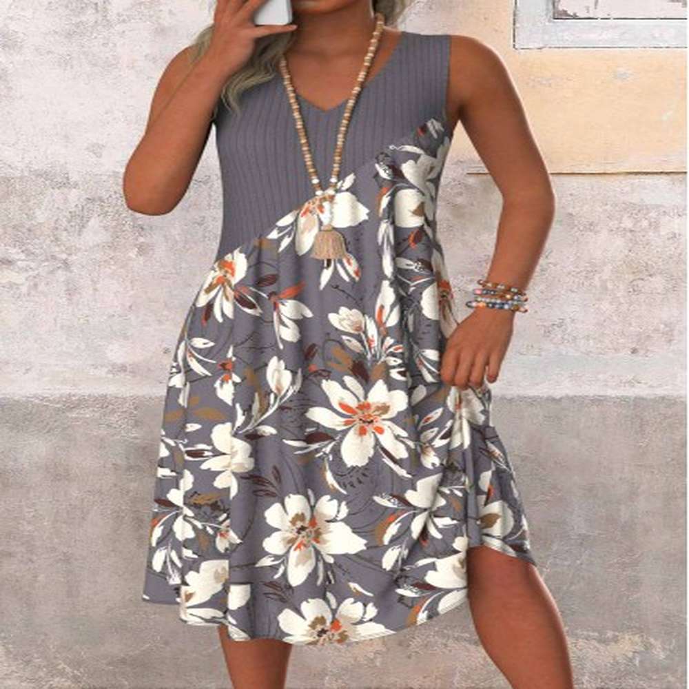 modlily dark grey patchwork floral print a line sleeveless dress