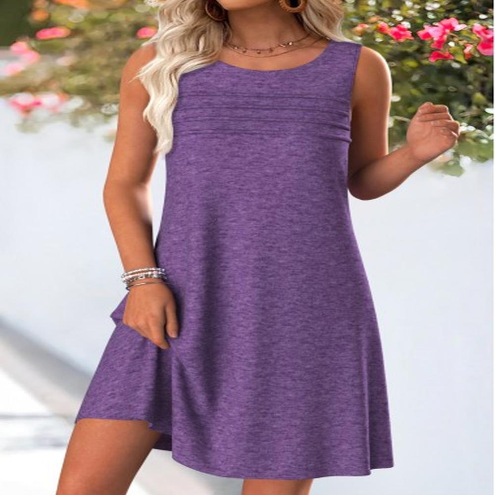 modlily dark purple tuck stitch short sleeveless round neck dress
