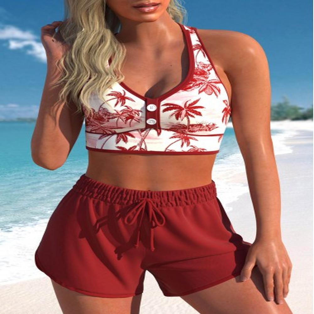 modlily deep red criss cross high waisted bikini set