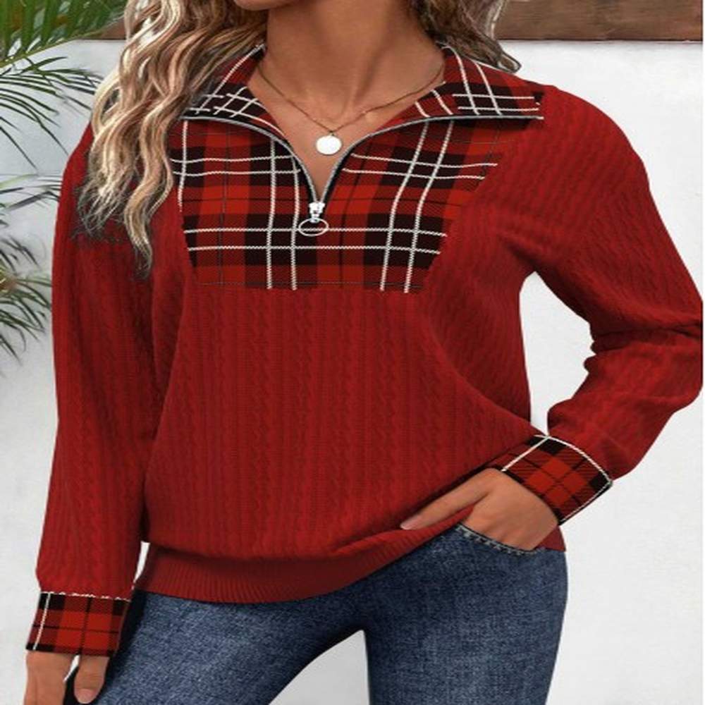 modlily deep red patchwork plaid long sleeve sweatshirt l