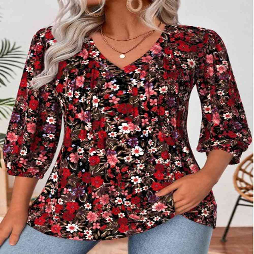 modlily deep red tummy coverage floral print sleeve blouse