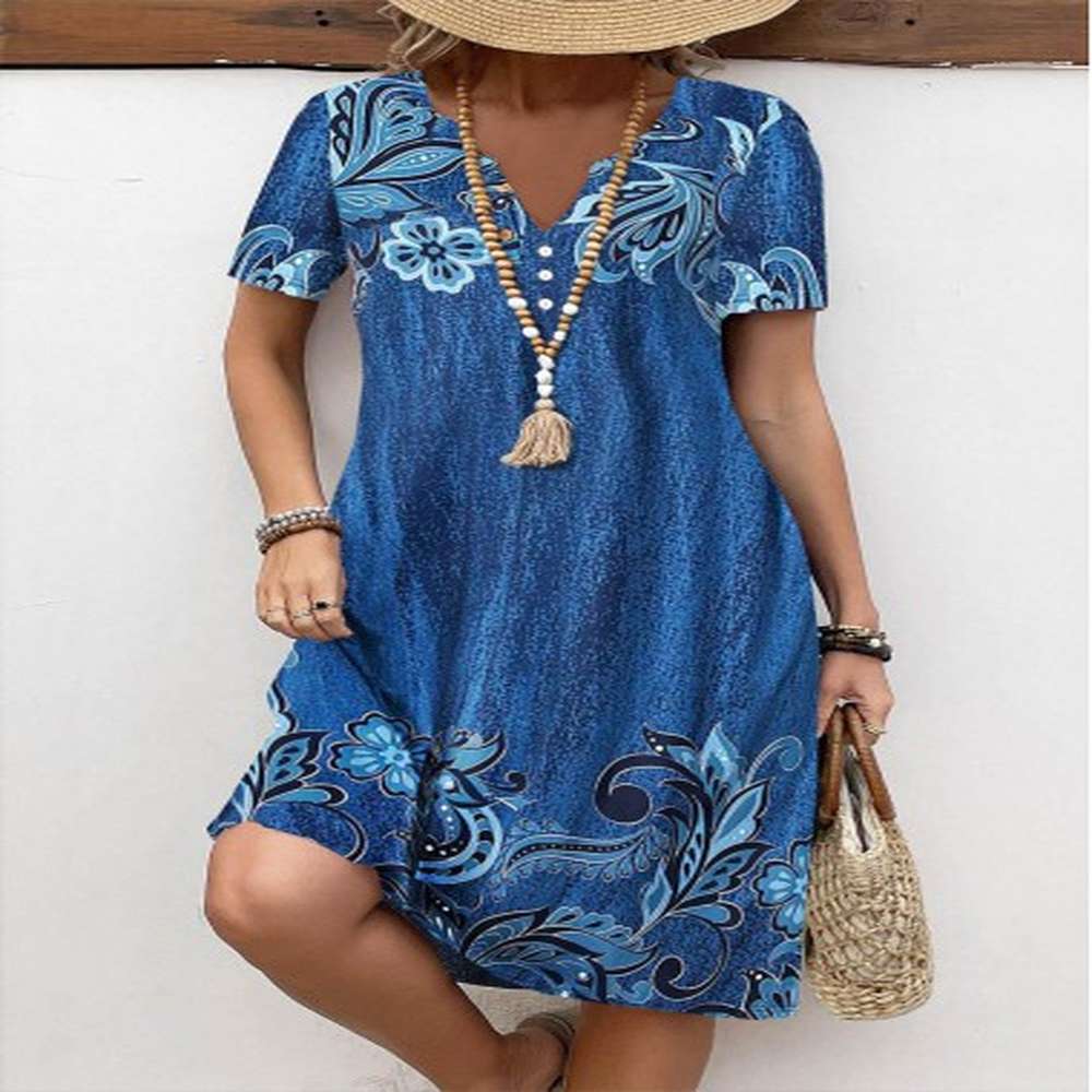 modlily denim blue button floral print a line dress