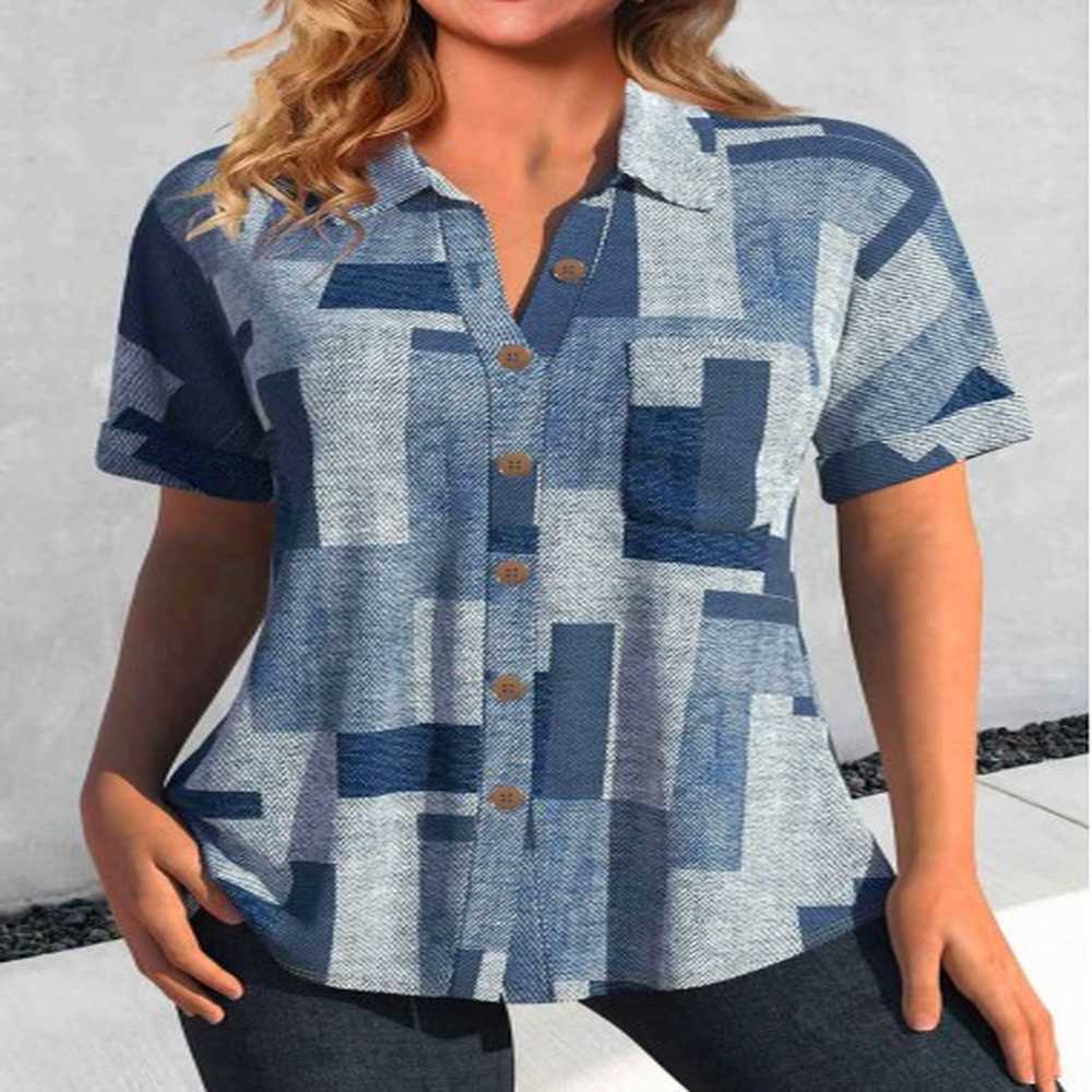 modlily denim blue button geometric print short sleeve blouse