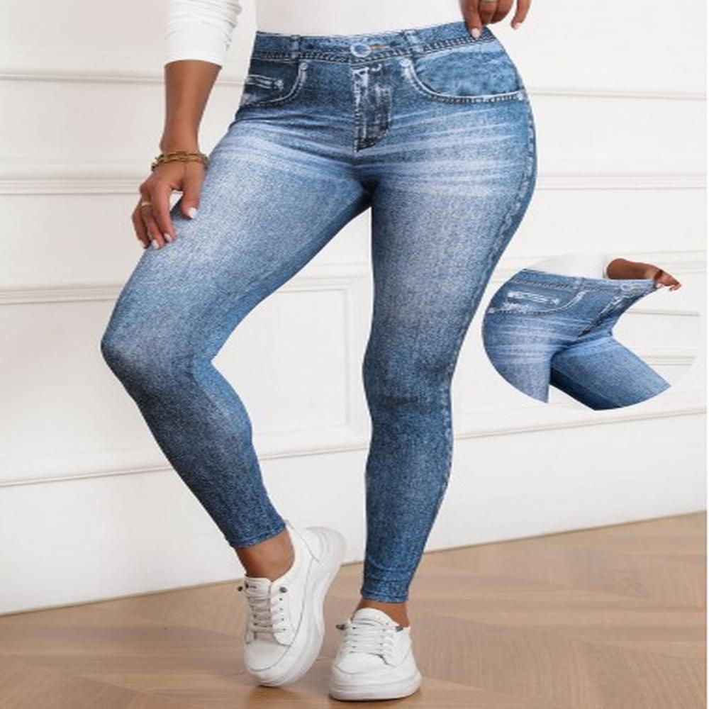 modlily denim blue denimeffect print skinny elastic waist pants