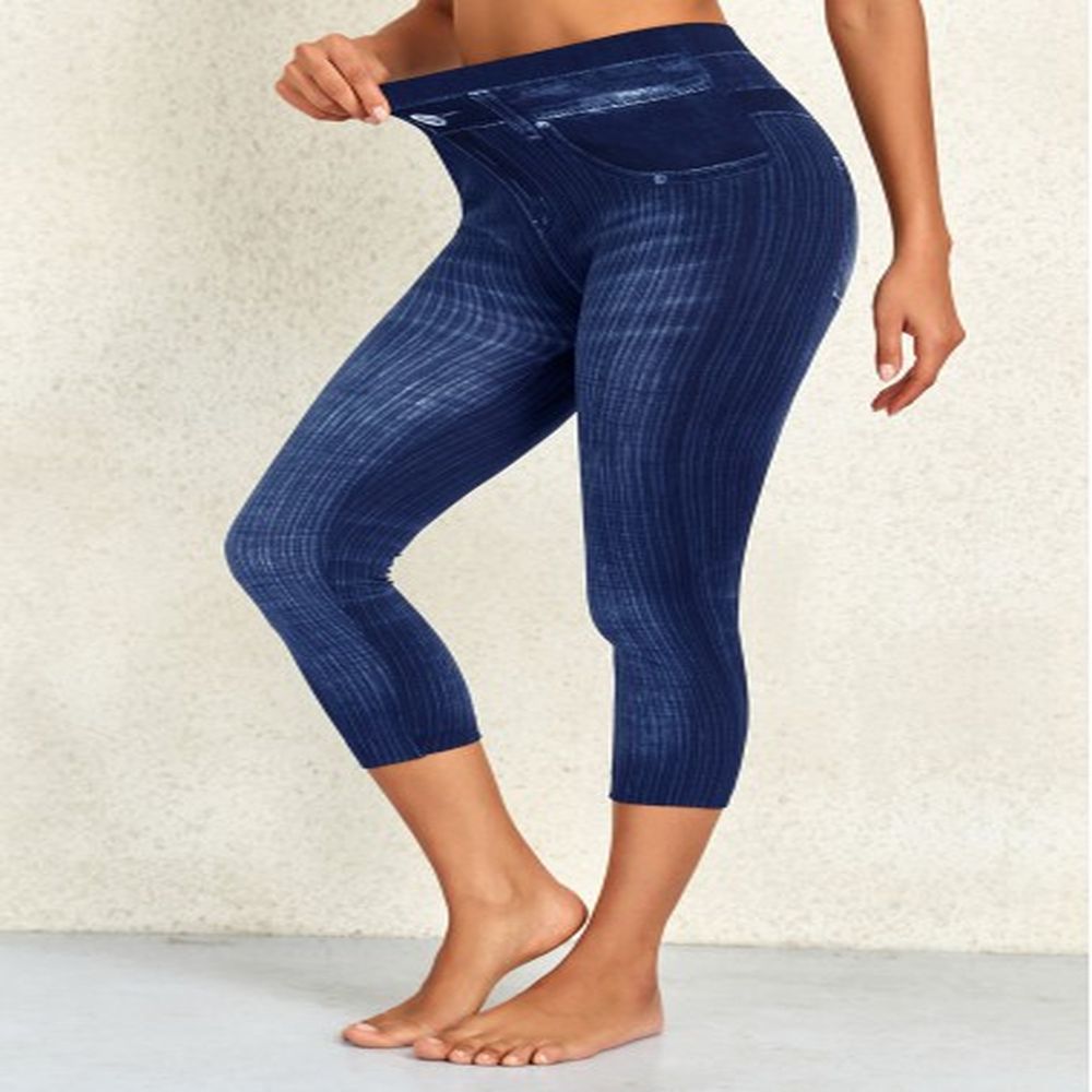 modlily denim blue high waisted capri elastic waist leggings