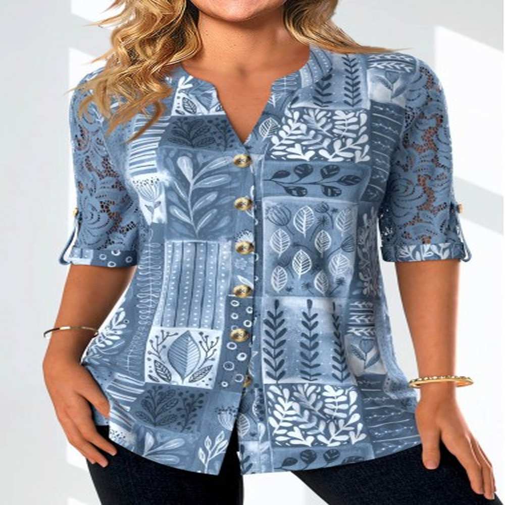 modlily denim blue lace leaf print half sleeve blouse