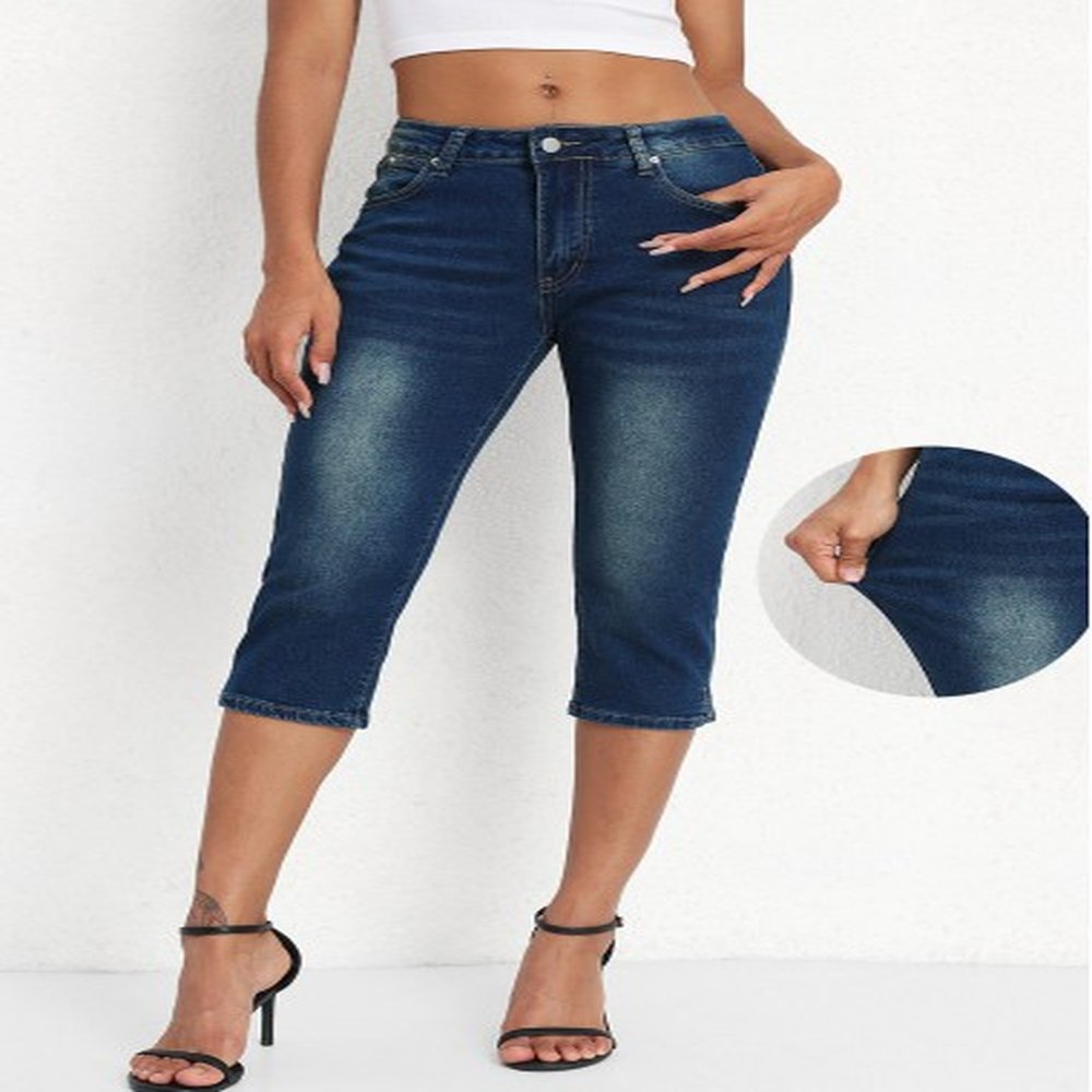 modlily denim blue mid waisted capri button fly leggings
