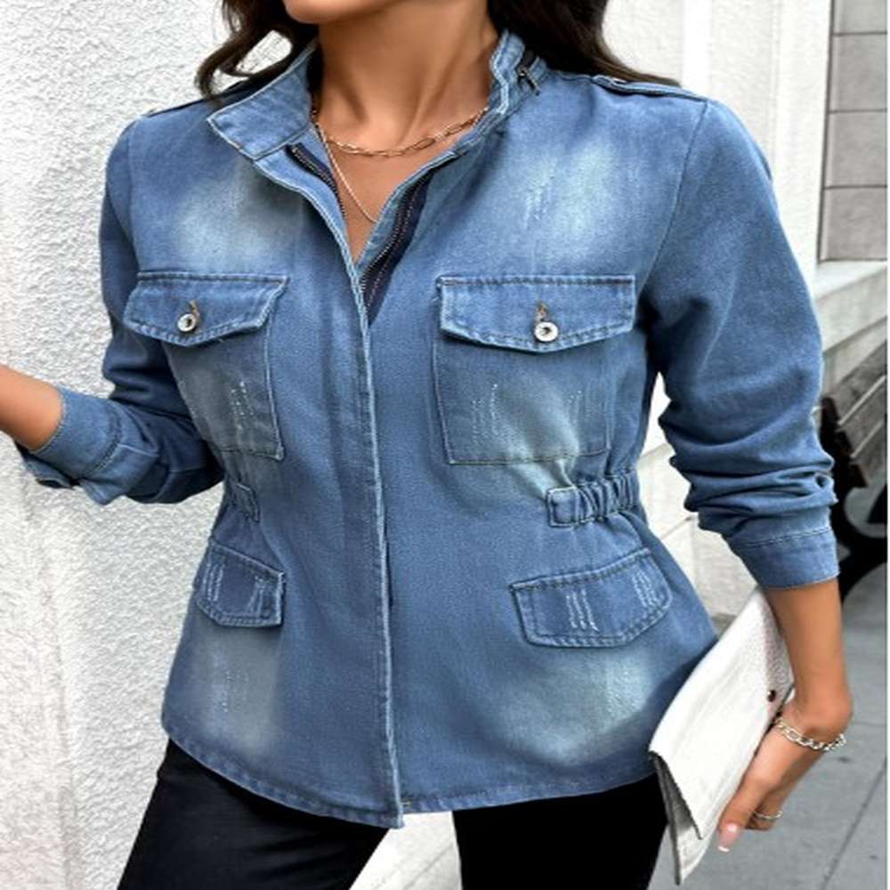 modlily denim blue patch pocket long sleeve stand collar coat