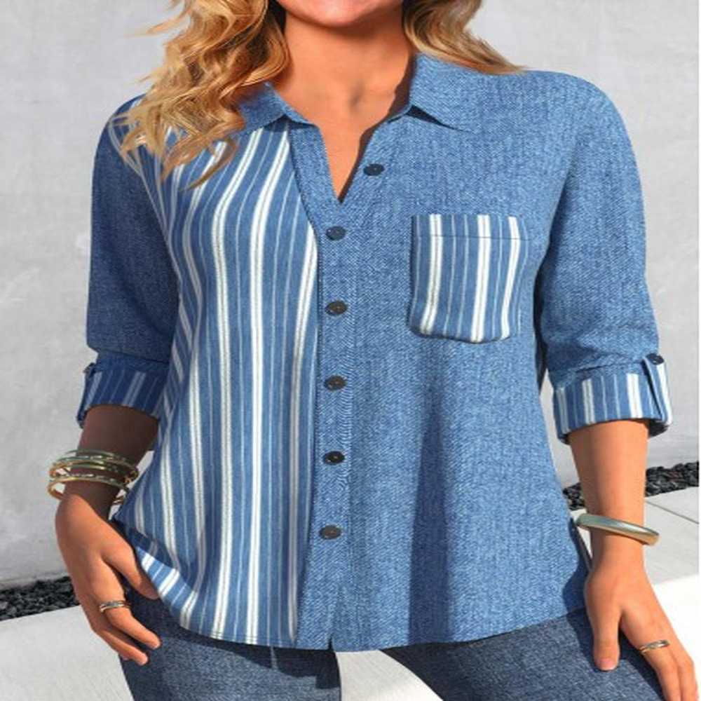 modlily denim blue patchwork denimeffect print long sleeve blouse