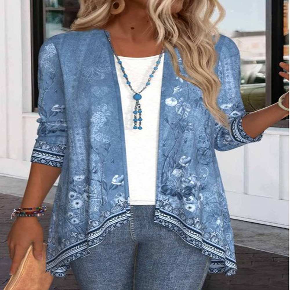 modlily denim blue patchwork floral print long sleeve light cardigan