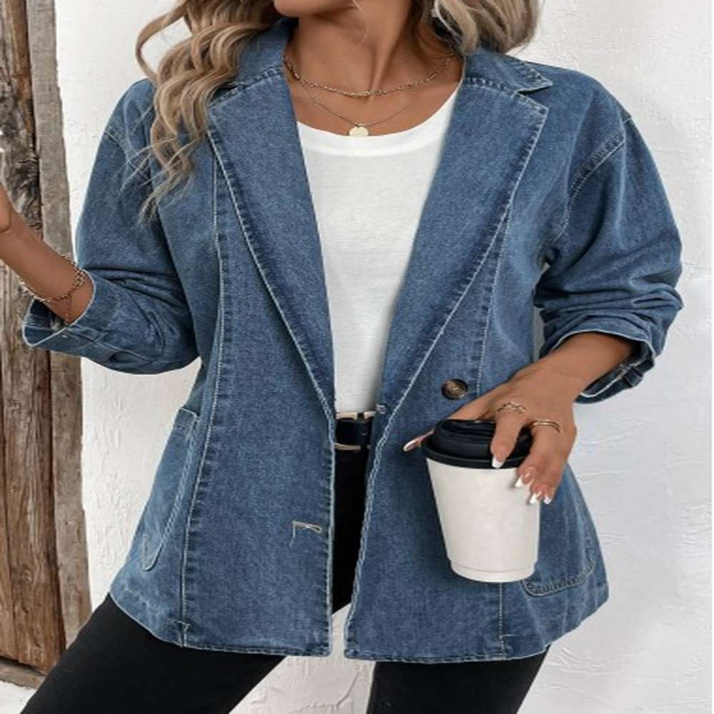 modlily denim blue patchwork long sleeve lapel coat l