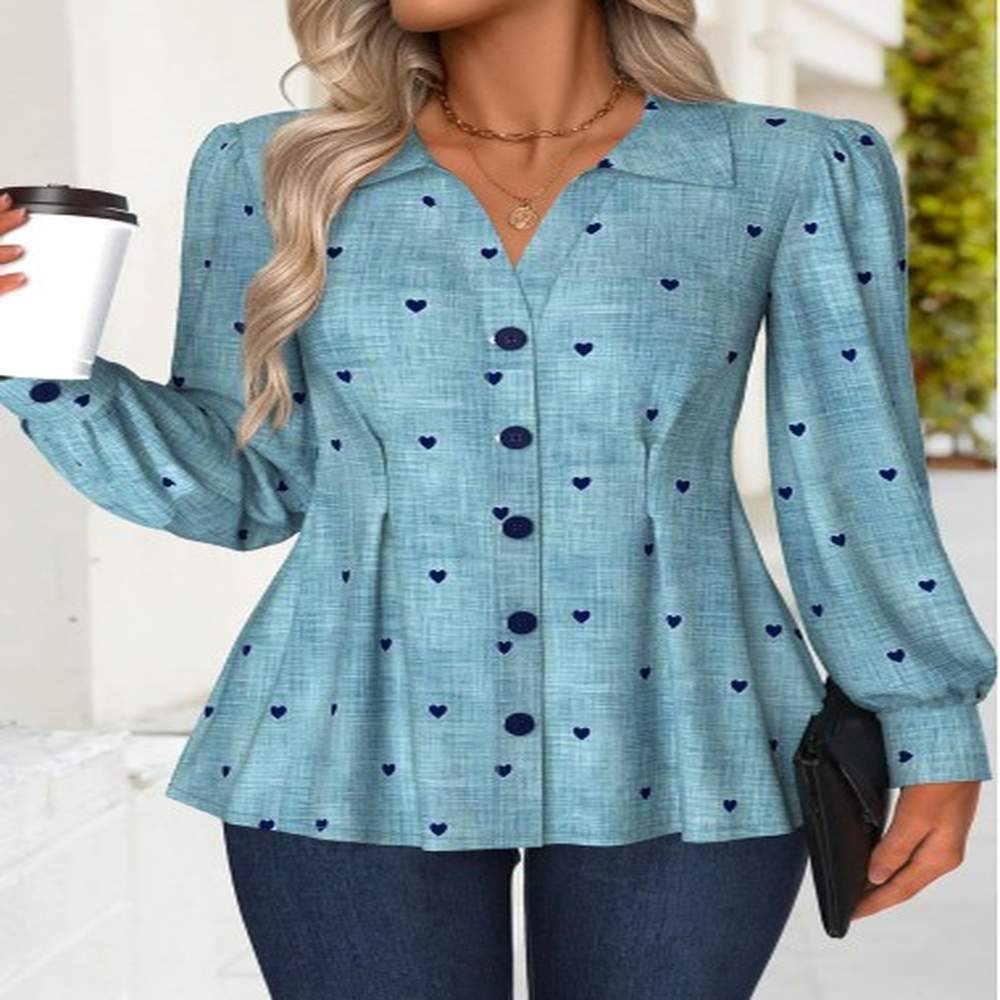 modlily denim blue peplum denimeffect print long sleeve shirt