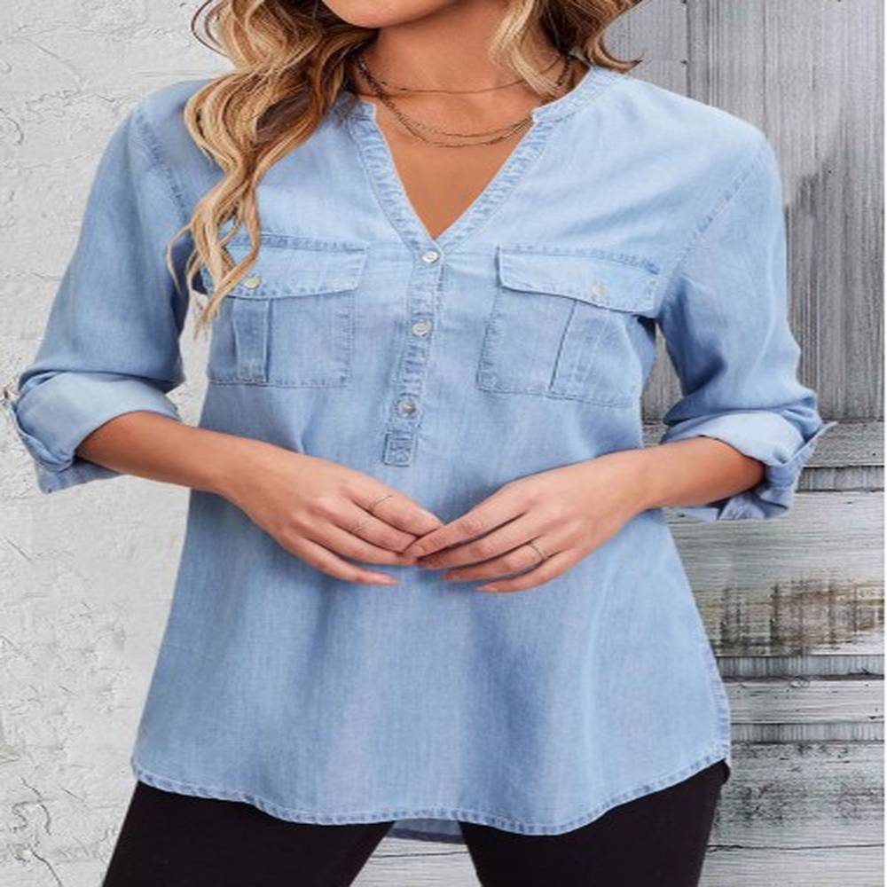 modlily denim blue pocket long sleeve split neck blouse