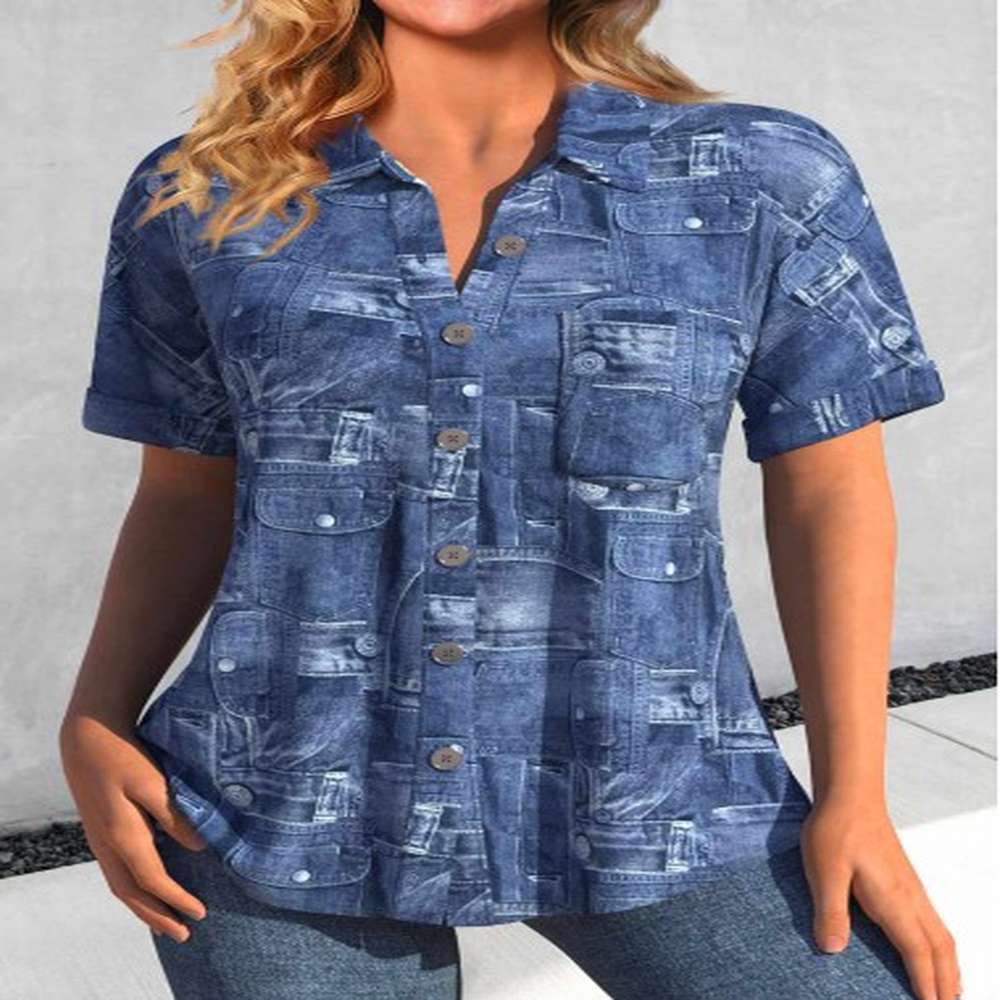 modlily denim blue pocket short sleeve shirt collar blouse