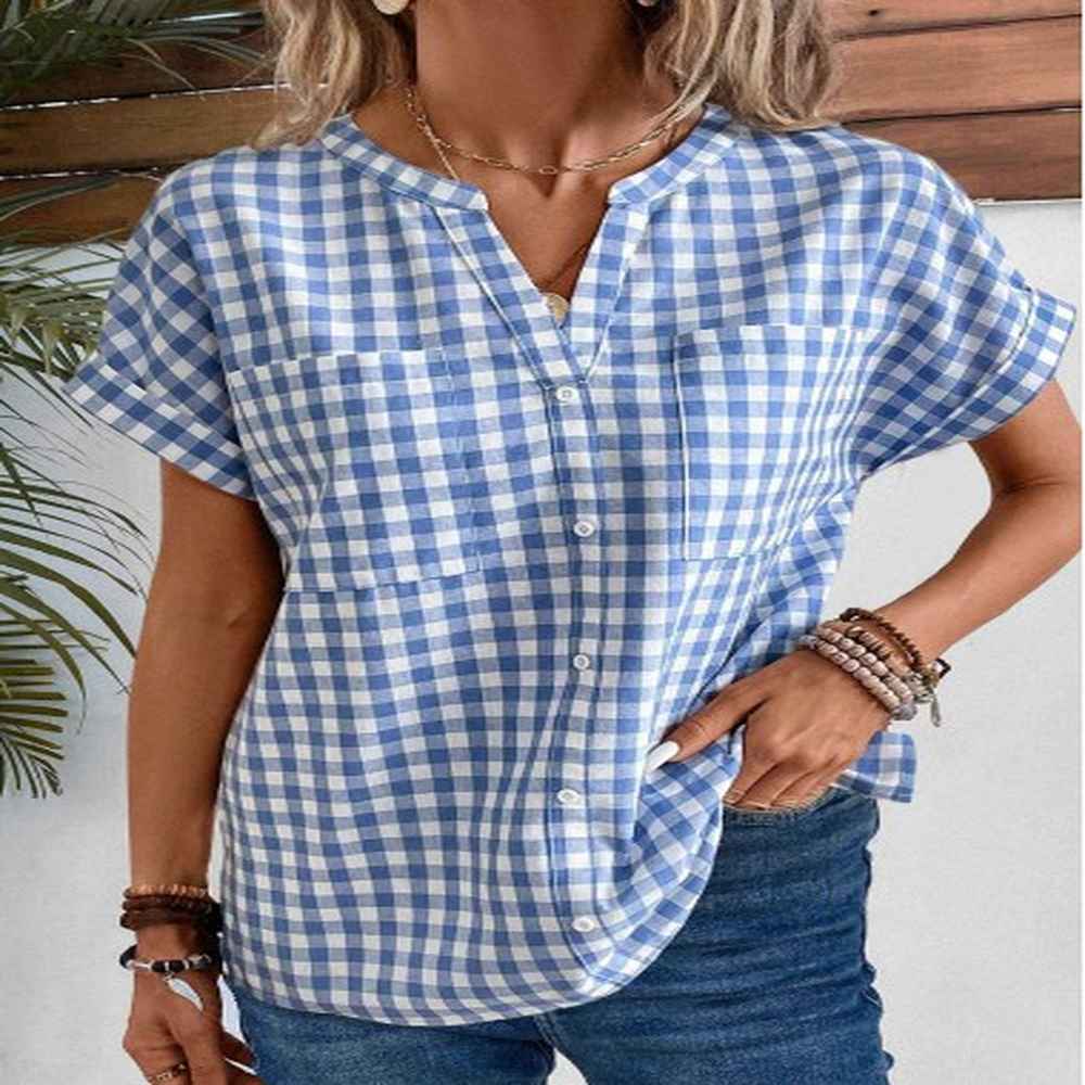 modlily denim blue split plaid short sleeve blouse s