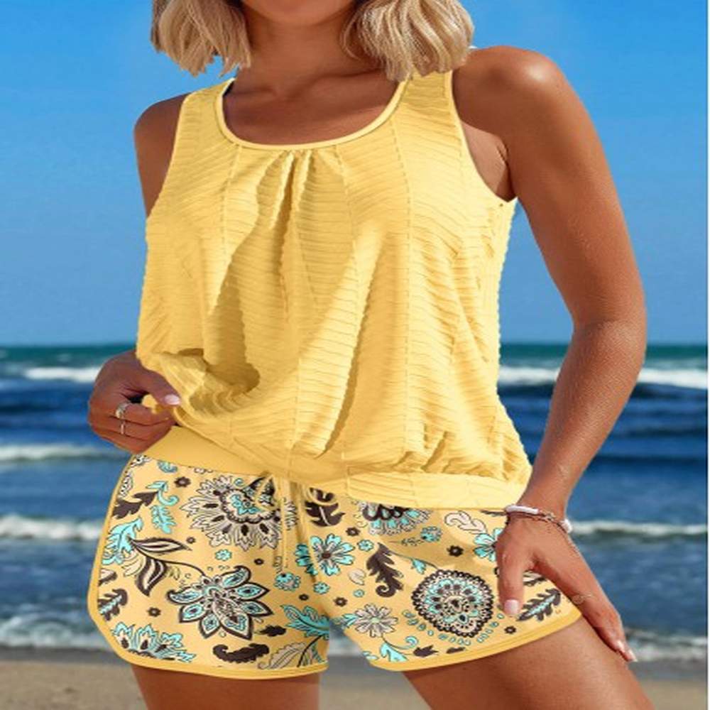 modlily drawstring floral print light yellow tankini set l