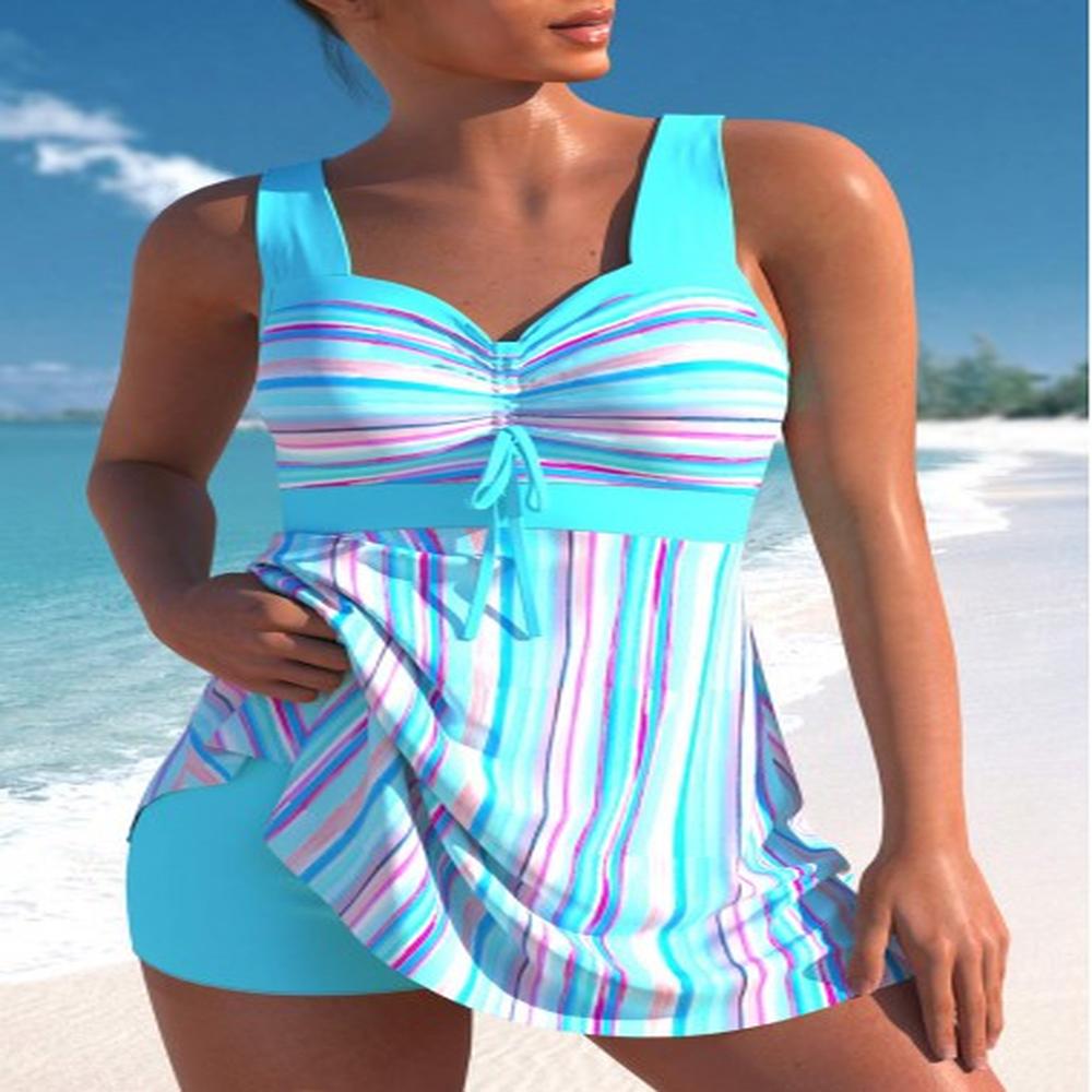 modlily drawstring high waisted striped cyan swimdress and shorts