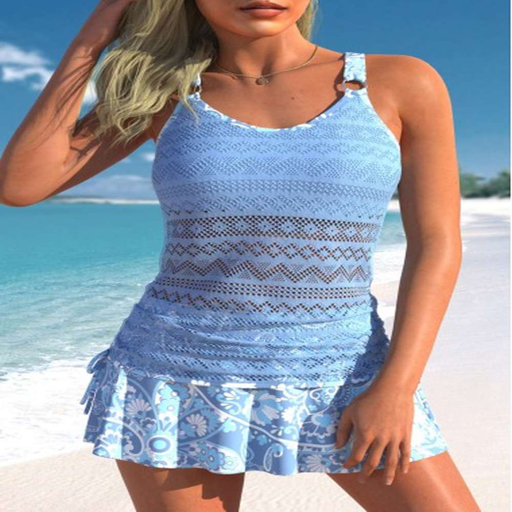 modlily drawstring mid waisted paisley print dusty blue tankini set