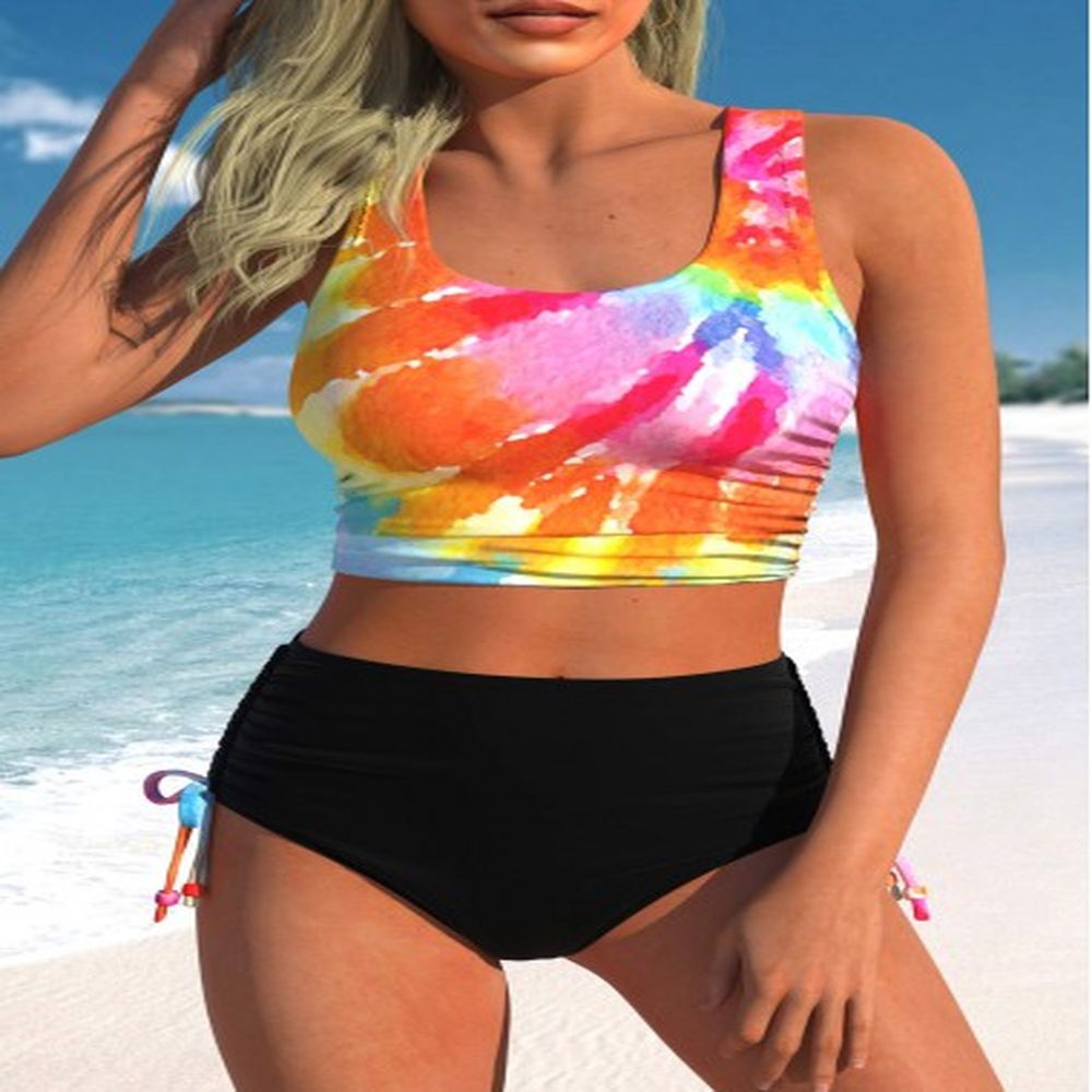 modlily drawstring mid waisted tie dye print bikini set