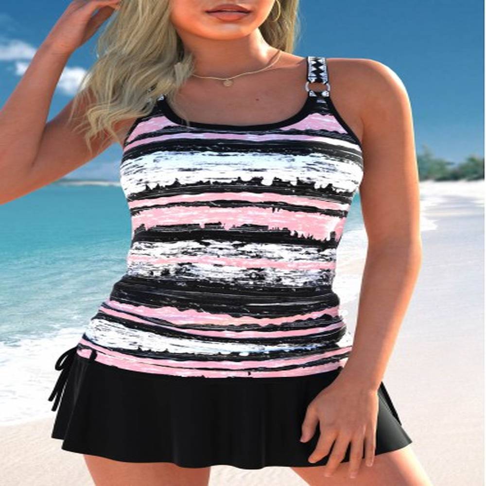 modlily drawstring scoop neck striped black tankini set l